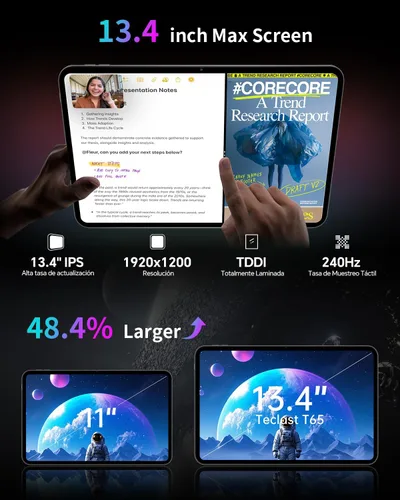 Miniatura 3 de TECLAST Android 16 T65 Tablet grande de 13.4 pulgadas, 20GB+128GB, pantalla IPS de 1920x1200 a 120Hz, procesador Octa-Core de 2.2Ghz, batería