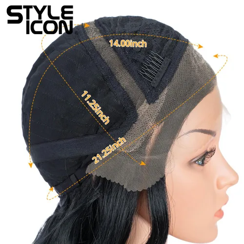 Miniatura 6 de Style Icon - Peluca de encaje frontal negra con parte libre, estilo U, de 24" de largo, ondulada con flequillo, sintética, resistente a altas 1
