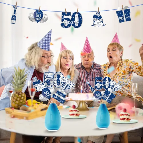 Miniatura 5 de 24 piezas de decoración de mesa de cumpleaños de 50 años, color azul y plateado, incluye 24 patrones de cartón, palos y puntos adhesivos, perfecto