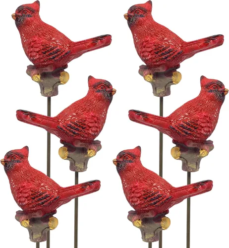 Cardinal Yard and Garden Stakes - Juego de 6 estacas decorativas para plantas y patio, cardenales en palos de metal, decoración para exteriores, 10