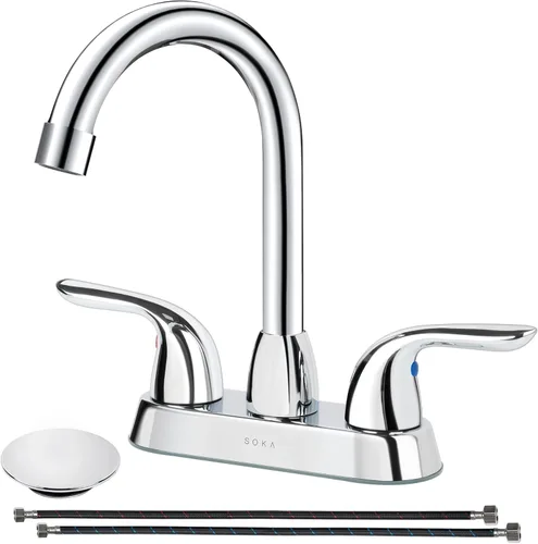 SOKA Grifo de baño central de dos asas para fregadero de acero inoxidable de arco alto con placa de cubierta y montaje de drenaje desplegable para