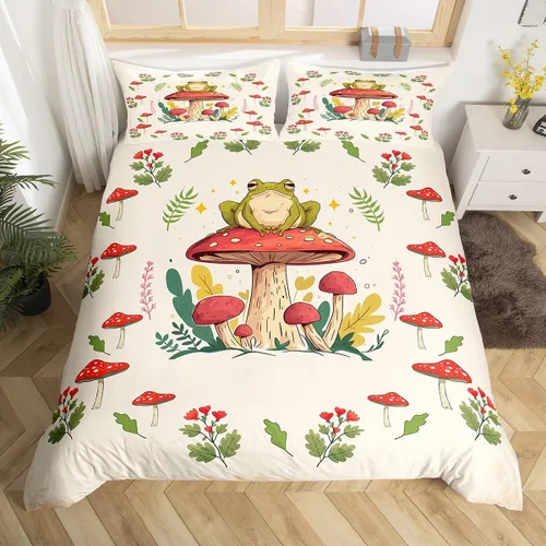 Juego de funda de edredón con estampado de rana para niños, juego de ropa de cama Kawaii para decoración de habitación, diseño de hongos y rana,