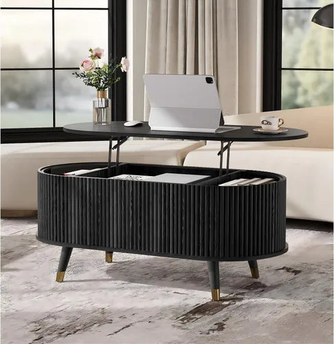 Miniatura 7 de SULIVES Mesa auxiliar ovalada con almacenamiento, mesa de centro multifuncional con tambor elevable, pequeña mesa central acanalada para sala