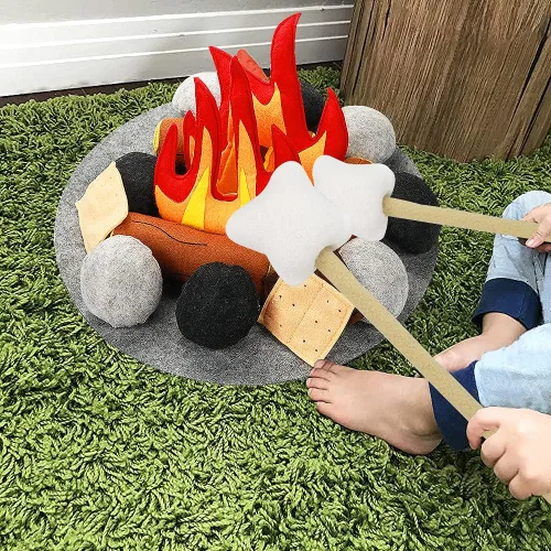 Miniatura 7 de 23 piezas de juguetes de fogata de simulación, juego de fogata de felpa y fieltro para niños, juguetes seguros de fuego falso, madera y piedras