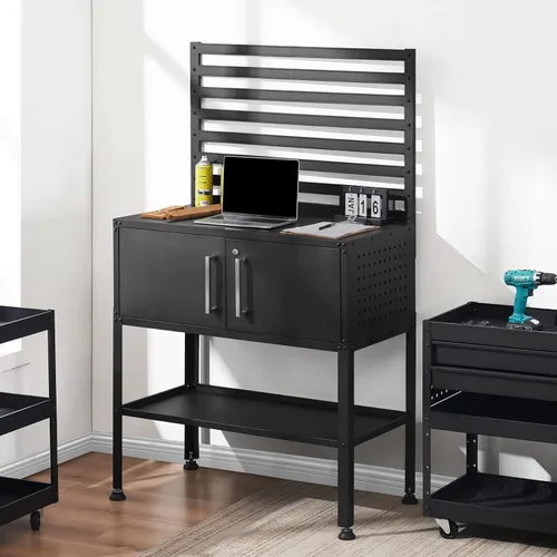 Miniatura 2 de MCombo Banco de trabajo de metal para garaje, mesa de trabajo ajustable con armario de almacenamiento para oficina en casa, sótanos, banco-81 (negro)
