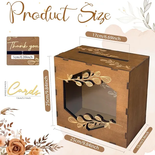 Miniatura 3 de Caja de tarjetas de boda marrón OurWarm con ventana de acrílico, caja de tarjetas de regalo de madera para decoraciones de recepción de boda, caja