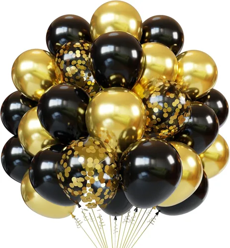 Miniatura 13 de Globos negros y plateados, paquete de 60 globos de 12 pulgadas con confeti negro, blanco y plateado con 1 cinta para decoración de cumpleaños, baby
