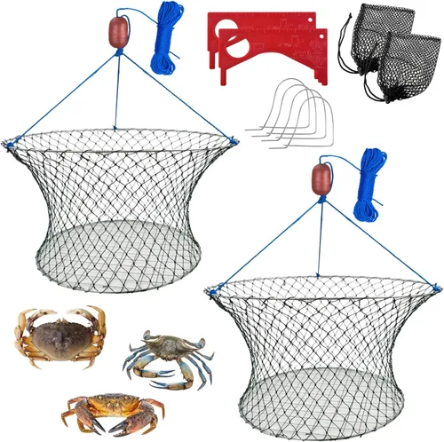 Miniatura 7 de Trampa para cangrejos de doble anillo, red de cangrejo de anillo de acero, parte superior de 24 pulgadas, parte inferior de 20 pulgadas, cuerda