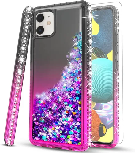 STARSHOP Funda compatible con iPhone 11, con protector de pantalla de vidrio templado incluido: cubierta de arena movediza con purpurina flotante