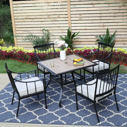 Miniatura 8 de MFSTUDIO Juego de comedor de 5 piezas de metal para patio, juego de muebles para exteriores con 1 mesa cuadrada de madera y 6 sillas de respaldo