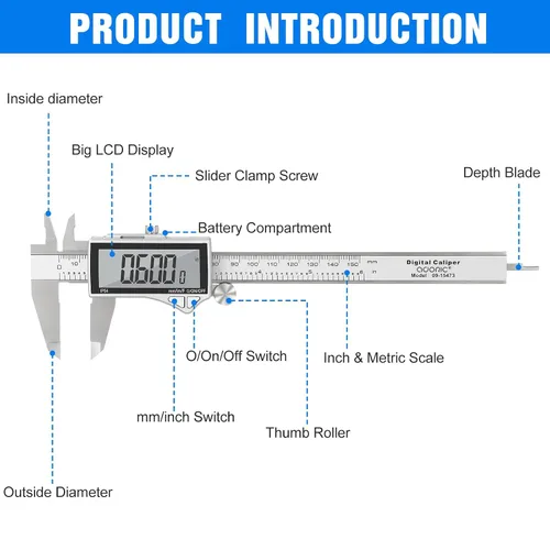 Miniatura 6 de Calibrador Digital Adoric, Herramienta de Medición Calibrador de Acero Inoxidable Calibrador Vernier Digital Micrómetro con Pantalla LCD Grande