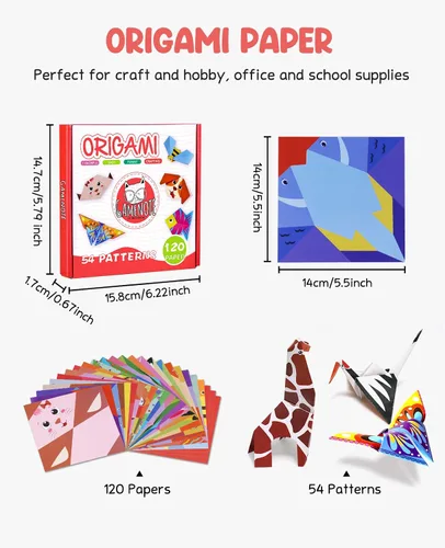 Miniatura 2 de Gamenote Colorido kit de origami para niños, 54 proyectos, 120 papel de origami de doble cara, 12 hojas de papel de práctica, libro de origami