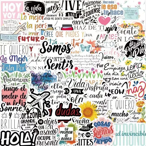 Calcomanías motivacionales en español | 50 unidades de calcomanías de vinilo impermeables para botellas de agua, laptop, equipaje, taza, Palabras