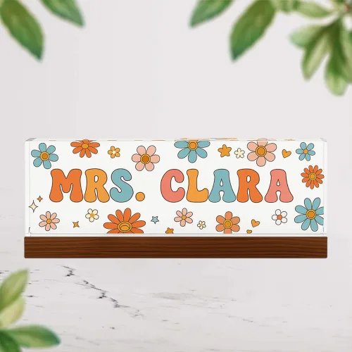 Miniatura 4 de Placa de nombre personalizada para escritorio para profesores, placa de nombre de acrílico personalizada para maestros con base de madera, letrero