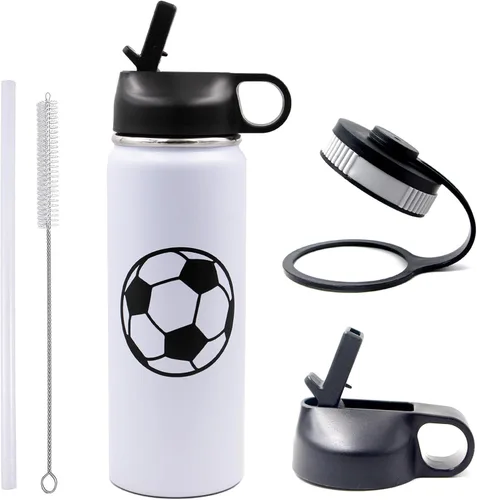 Miniatura 15 de Botella de agua de béisbol de 18 onzas, botella deportiva de boca ancha, vaso de viaje de metal con 2 tapas, botellas de agua aisladas al vacío