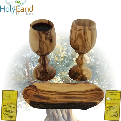 Miniatura 7 de Holy Land Market Juego de tazas y platos de comunión de madera de olivo, juego de comunión tallado a mano en Belén, para adoración de la iglesia