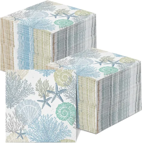Funrous 200 servilletas de papel costeras de 3 capas de servilletas de playa oceánica, conchas marinas, coral, toallas de papel náuticas para