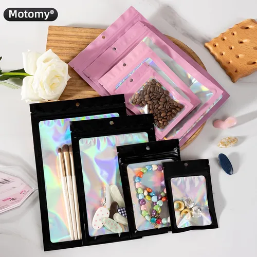 Miniatura 4 de 50 bolsas holográficas negras de Mylar de 5.5 x 7.8 pulgadas, bolsas con cremallera de aluminio resellables para gomitas, recuerdos de fiesta