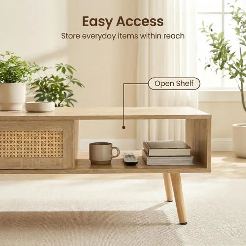 Miniatura 5 de Meihua Mesa auxiliar de ratán de 41.3 pulgadas con almacenamiento, mesa de sofá moderna de mediados de siglo con puerta corredera y patas de madera