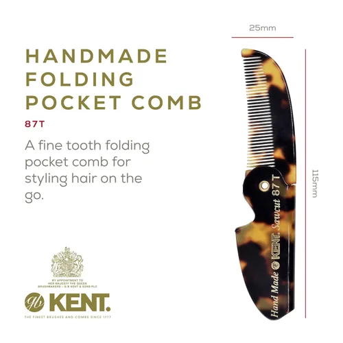 Miniatura 2 de Kent 87T TY - Peine de bolsillo plegable hecho a mano para hombres, peine alisador de pelo de dientes finos para el cuidado diario del cabello