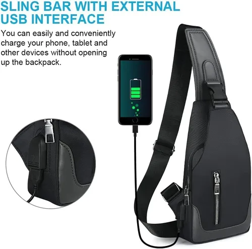 Miniatura 2 de Aucuu Mochila bandolera con puerto de carga USB, bolsa de pecho cruzada para hombres, senderismo, ciclismo, viajes, color negro, Negro -, Mochila