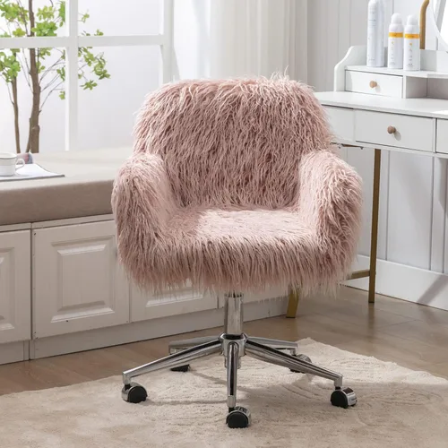 Miniatura 8 de Silla de escritorio de piel sintética rosa, lindo asiento acolchado tapizado, decoración de tocador, silla de oficina giratoria de altura ajustable