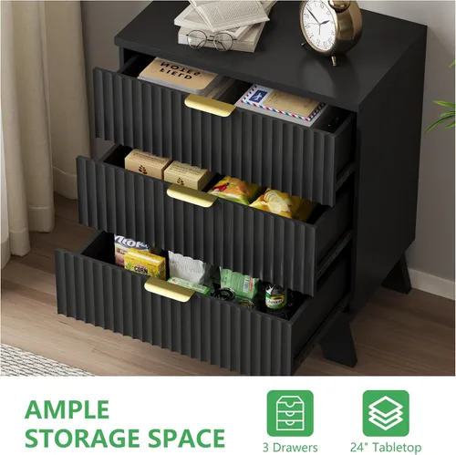 Miniatura 6 de Cómoda acanalada para dormitorio con 3 cajones, cómoda moderna de 24 pulgadas de ancho con mango de metal, soporte de TV de madera, armario de Negro