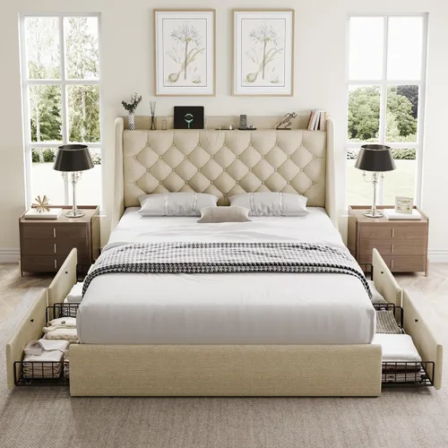 Miniatura 3 de GalnFu Marco de cama de tamaño completo con 4 cajones de almacenamiento, cabecera tapizada grande tipo wingback, estación de carga rápida,