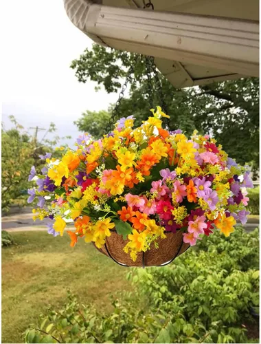 Miniatura 4 de Flo Daisy Flower - Planta colgante artificial para el hogar, balcón, decoración interior y exterior, cesta colgante de flores falsas con maceta