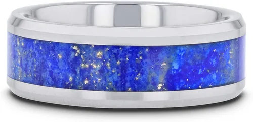 Miniatura 3 de OSIAS - Anillo de boda de carburo de tungsteno de estilo plano con incrustación de piedra lapislázuli azul, bordes biselados pulidos, ajuste cómodo