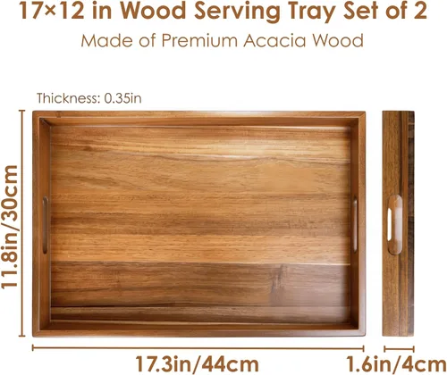 Miniatura 2 de YOUEON Paquete de 2 bandejas de madera de acacia de 17 x 12 pulgadas con asas, bandeja grande de madera para otomana, desayuno en la cama, cena