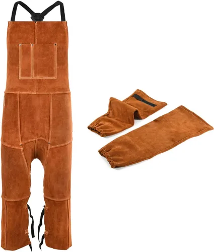 Delantal de pierna dividida de cuero con mangas de soldadura, protección contra calor y llamas, ajustable de M a XXXL para hombres y mujeres, 24 x