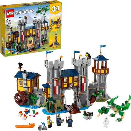 LEGO Creator 3 en 1 - Juguete de castillo medieval que se transforma de castillo a torre en mercado, incluye figura de esqueleto y dragón, con 3