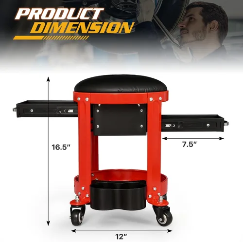 Miniatura 3 de Magshion Rolling Shop Taburete para garaje con cajón integrado, almacenamiento de herramientas y soporte para latas, asiento mecánico acolchado