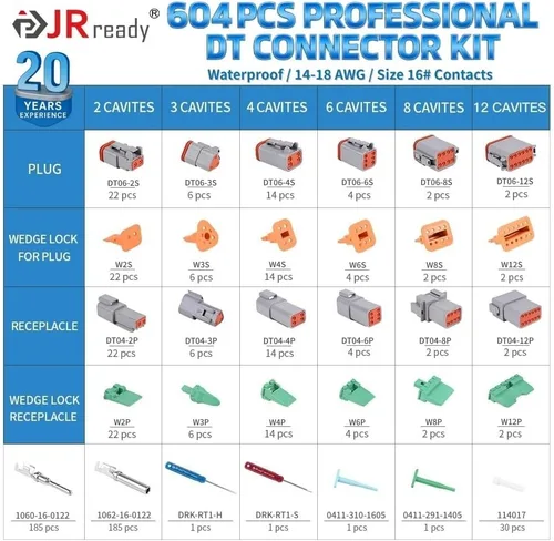 Miniatura 2 de JRready Kit de conectores DT Deutsch de 604 piezas, 2 3 4 6 8 12 pines conectores DT grises, tamaño 16 contactos formados estampados (14-18AWG)