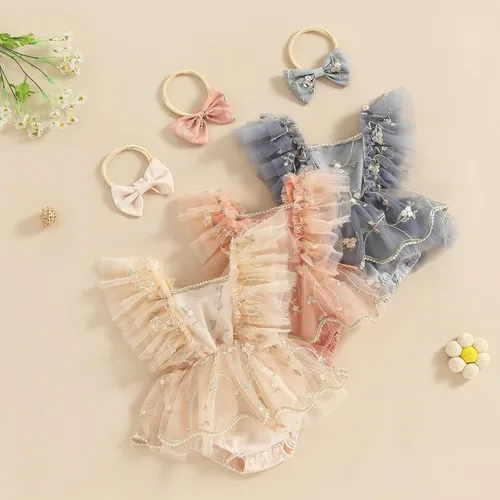 Miniatura 9 de Comoraecos Vestido mameluco de encaje floral para bebé, vestido de princesa con bordado de tutú y mangas para atar, sin espalda, vestido de princesa