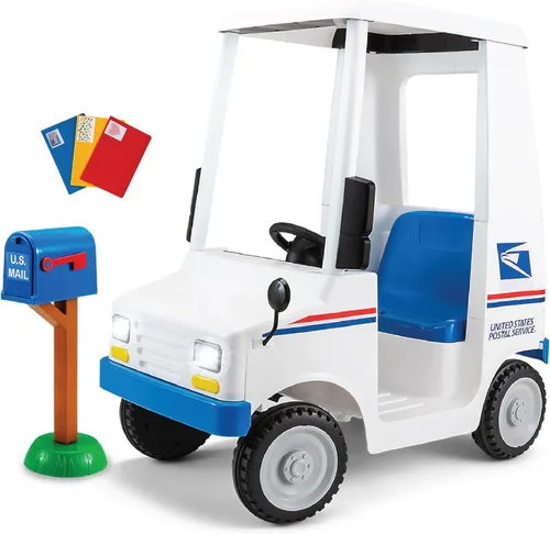Kid Trax - Camión infantil de correo USPS de 6 V, peso máximo de 60 libras; incluye buzón, sobres de juego, faros delanteros y bocina funcionales,