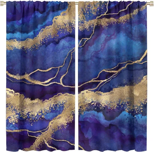 Miniatura 42 de Cortinas abstractas de mármol de lujo de lujo azul marino dorado a rayas con patrón de mármol estampado para dormitorio, sala de estar, cortinas