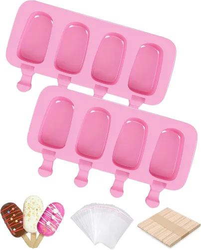 Miniatura 11 de Ouddy moldes de silicona para paletas con tapa, 2 moldes para paletas para niños, 4 cavidades, moldes ovalados para helados con 50 palitos