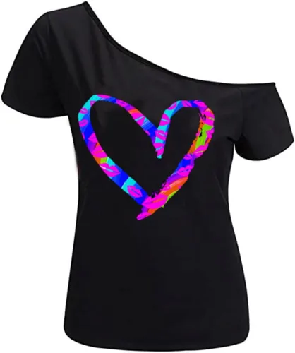 Miniatura 9 de MAGICMK - Camiseta casual para mujer, con estampado de labios y hombro descubierto, talla extragrande