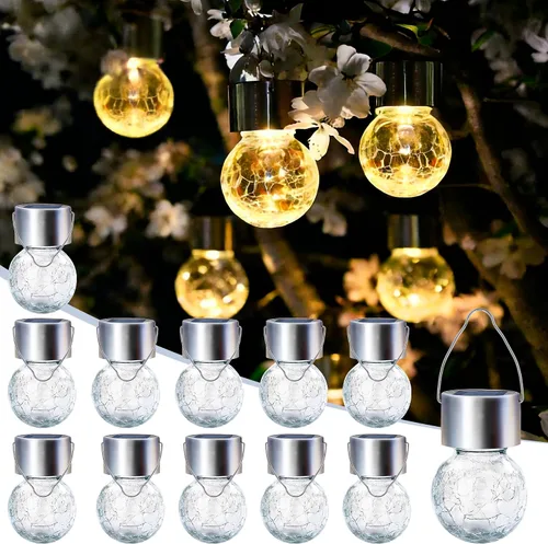 Miniatura 9 de Solpex Luces solares colgantes al aire libre, paquete de 8 luces decorativas de bola de vidrio agrietado, iluminación solar impermeable, luces