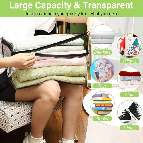 Miniatura 4 de Windyun Paquete de 16 bolsas de almacenamiento transparentes con cremallera y asa para ropa, manta de plástico resistente, bolsas de mudanza