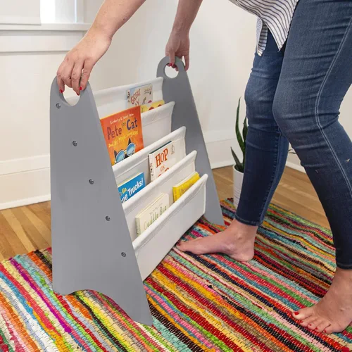 Miniatura 6 de Wildkin Estantería para niños, almacenamiento moderno de madera con 4 estantes y asas de tela, organizador para el hogar o el aula, gris y blanco