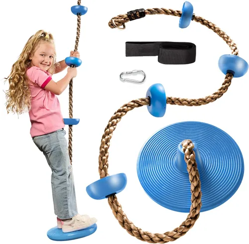 Jungle Gym Kingdom Columpio de árbol para niños, asiento de un solo disco y cuerda de escalada marrón con mosquetón y correa de 4 pies, accesorios