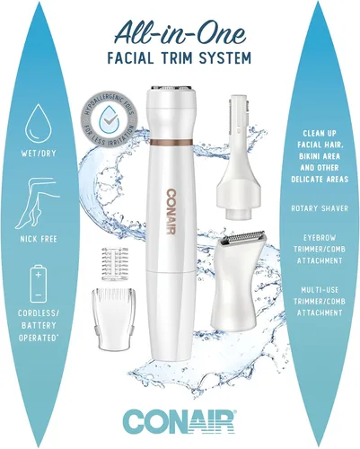Miniatura 6 de Conair Depilación facial todo en 1 para mujeres, recortadora eléctrica inalámbrica, perfecta para cara, orejas/nariz, cejas y líneas de bikini