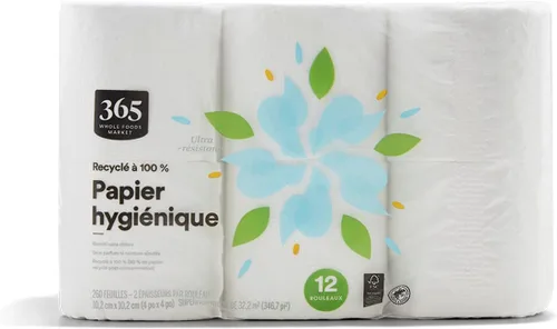Miniatura 2 de 365 by Whole Foods Market, Papel de baño 100% reciclado, ultra fuerte, 260 hojas por rollo, 12