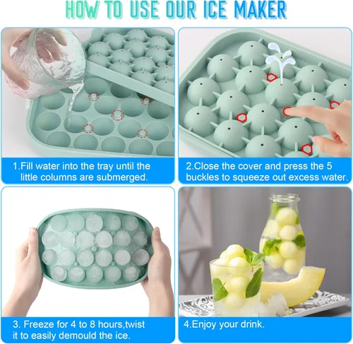 Miniatura 4 de Bandeja para cubitos de hielo, paquete de 2 unidades de silicona flexible para 22 bolas de hielo con tapa, sin BPA, bandejas de cubitos de hielo