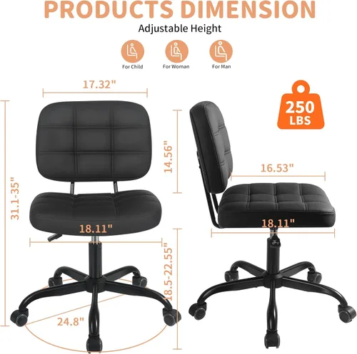 Miniatura 2 de Silla de escritorio de oficina en casa sin brazos – Pequeñas sillas giratorias de escritorio de oficina con ruedas – Silla de computadora de piel