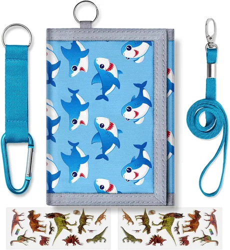 TATAANTY Carteras para niños Cartera triple para niños de 6 a 12 años con bolsillo para monedas con cremallera y 8 tarjeteros Shark 2 Cartera triple