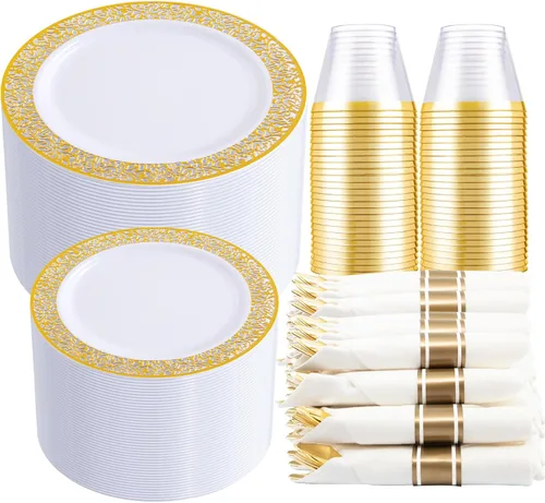 Miniatura 24 de Juego de vajilla de 350 piezas de color oro rosa de DaYammi – Incluye: 50 platos de cena de 26 cm, 50 platos de postre de 19 cm, 50 cubiertos de oro